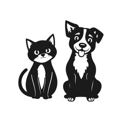 Cartoon cat and dog, cute pet friends, funny animal characters, adorable vector art, playful animal drawing