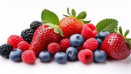 assorted berries including strawberries raspberries and blueberries isolated white background