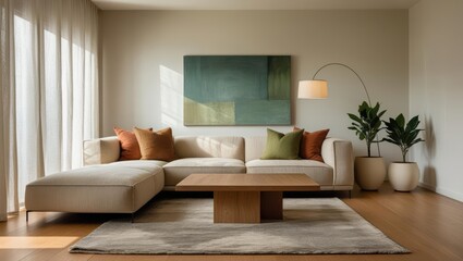 Fototapeta premium Minimalist Living Room with Cozy Aesthetic Rich