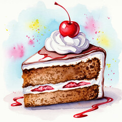 Watercolour Illustration of a Chocolate Cake Slice with Cherry in a Paper Texture Background