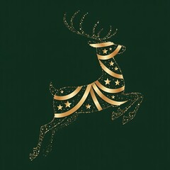 Elegant Golden Christmas Reindeer Silhouette with Ribbon and Stars on Green Background