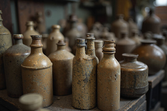 Collection of vintage stoneware bottles in muted earth tones, showcasing their aged patina and unique shapes. A testament to history and craftsmanship.