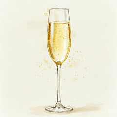 Watercolour Illustration of a Glass of Champagne in a Paper Texture Background