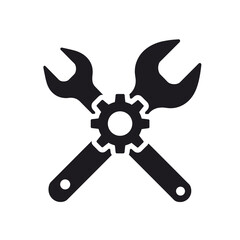 Obraz premium Black and White Illustration of Crossed Wrenches with Gear, Representing Repair and Maintenance Services