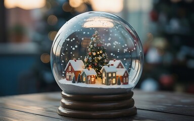 Magical Christmas Snow Globe with Holiday Village and Tree in Winter Setting