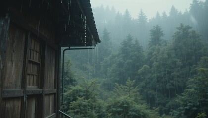 Heavy Rain Falling on Cabin with Forest View on a Cloudy Day