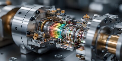 Macro view showcases intricate internal components of open spectrometer: polished metal, aligned mirrors, diffraction grating, wiring, vacuum elements. Cool LED.