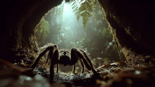 Hairy tarantula emerging from forest burrow into humid jungle light, low angle view of spider in natural habitat, cinematic wildlife concept with moody tropical atmosphere

