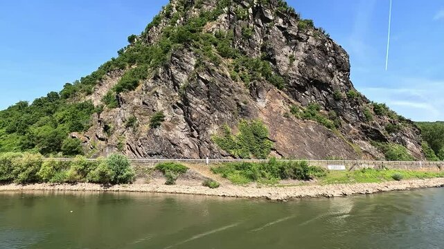 View from a cruise ship on the Rhine to the Loreley Rock, Germany - Video

