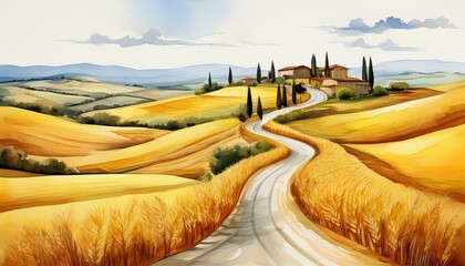 minimalist watercolor landscape of a winding tuscan road through golden fields