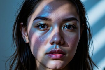 Young Woman Face Portrait Lit by Blue Light and Shadows