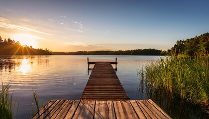 serene lakeside retreat with weathered wooden dock and tranquil rippling waters at golden hour