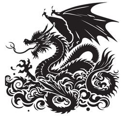 Powerful Black Silhouette Tribal Dragon Tattoo Design with Large Wings Scales Horns Claws and Swirling Waves Art