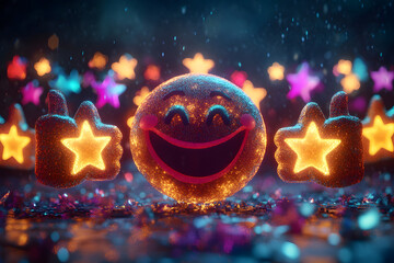 Happy face surrounded by thumbs up and stars celebrating customer satisfaction, Happy face surrounded by thumbsup and stars, customer satisfaction theme