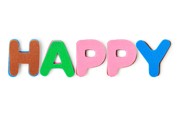 Colorful foam letters word HAPPY photography isolated on white background.