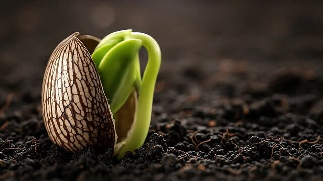 Cinematic close-up of a seed cracking open and a tiny sprout pushing upward through moist soil