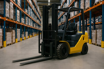 整然とした物流倉庫内に待機する黄色のフォークリフトと高ラック