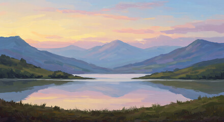 Naklejka premium Painted Mountain Lake Landscape at Sunset