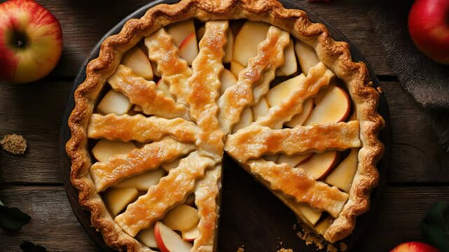 Rustic apple pie with a golden lattice crust and fresh apple slices, served on a dark wooden background with whole apples nearby.