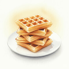Watercolour Illustration of a plate of Waffles in a Paper Texture Background