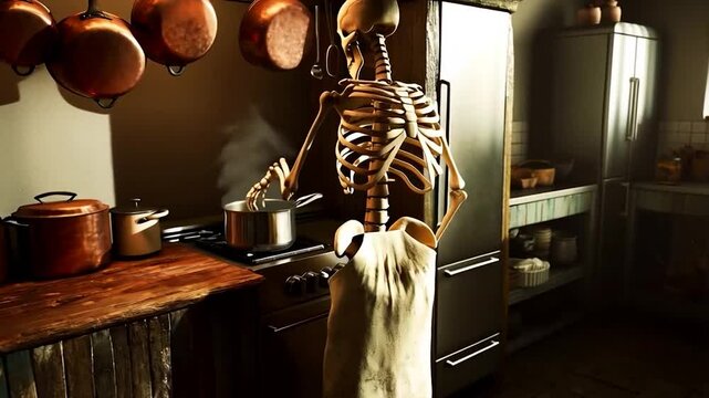 A skeleton cooks in a rustic kitchen