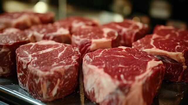 Thick cuts of raw beef steaks with marbled fat placed on a shiny metal tray, prepared for cooking or sale.