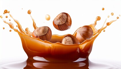 caramel splash with hazelnuts isolated white background