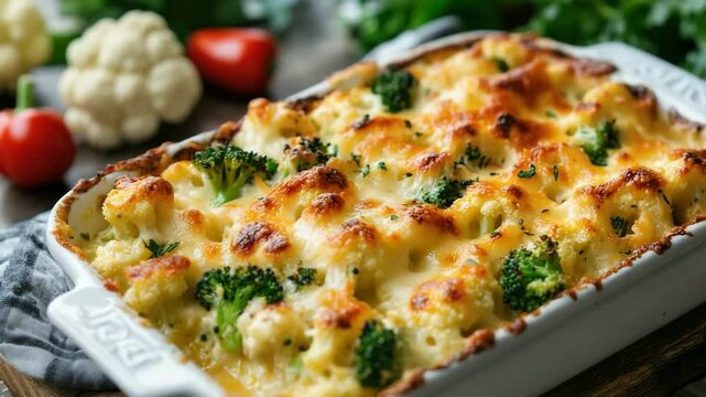 Hot and golden casserole with broccoli and cauliflower baked in creamy cheese sauce in a ceramic dish on rustic wooden table.