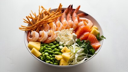 Delicious poke bowl containing shrimp, salmon, edamame, pineapple, crispy onion, shredded cabbage, and feta, isolated against a white background