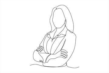 business woman corporate leader line drawing of confident and successful woman in business attire arms crossed strong happy concept vector line art illustration