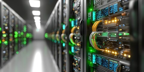 Neatly organized server racks in modern, bright data center display blinking LEDs, managed colorful network cables, and gleaming perforated rack doors. Secure.