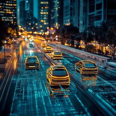 Futuristic Cityscape Autonomous Vehicles Night Driving Smart Road Cars Data Self Glow Neon Dark Blue