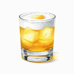 Watercolour Illustration of a Glass of Whiskey Sour Cocktail Drink in a Paper Texture Background