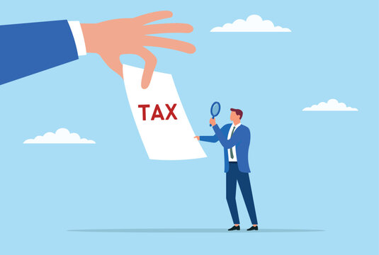 Vector illustration of a businessman analyzing a tax document with a magnifying glass, symbolizing the need for careful examination of corporate tax liabilities and financial obligations
