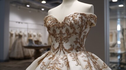 Elegant off-shoulder wedding dress with intricate embroidery in bridal boutique