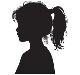 Black Silhouette Profile of Young Girl with Ponytail - Child Head and Shoulders Vector