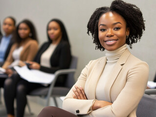 Portrait of a smiling businesswoman sitting in a meeting room with her arms crossed, exuding confidence and professionalism