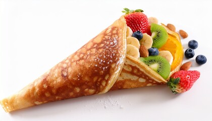 a cone shaped crepe filled with fruits and nuts isolated on a white background