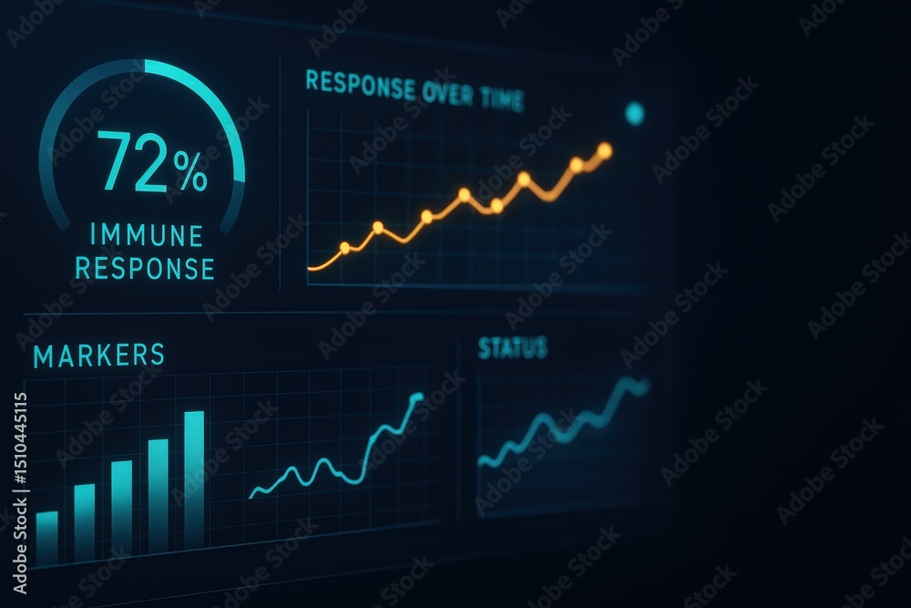 Poster immune response data visualization with graphs and metrics displayed on digital dashboard