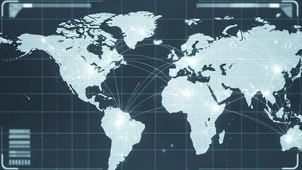 Modern animated world map with glowing network points connecting across continents, soft camera zoom