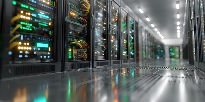 Neatly organized server racks in modern, bright data center display blinking LEDs, managed colorful network cables, and gleaming perforated rack doors. Secure.