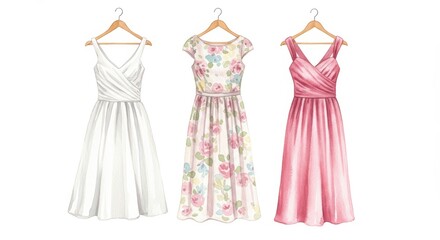 Three Dresses on Hangers Watercolor Illustration