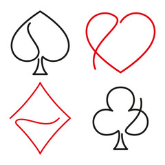 Line suits of playing cards. Cards symbols vector illustration isolated on white background. Minimalist deck sign vector icon set. Diamonds, hearts, clubs, spades symbol.