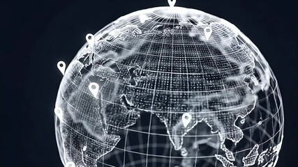 Minimal wireframe 3D globe with softly glowing latitude and longitude lines, rotating slowly, animated markers blinking at major world cities - Powered by Adobe