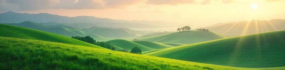 Fototapeta premium Serene landscape featuring gently rolling hills, soft light, and a peaceful, calming atmosphere, perfect for relaxation and tranquility , scene, soft