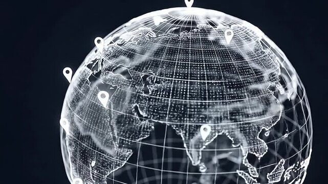 Minimal wireframe 3D globe with softly glowing latitude and longitude lines, rotating slowly, animated markers blinking at major world cities