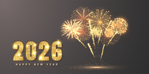 Golden 2026 Happy New Year Text With Sparkling Fireworks on Dark Background. Luxurious Celebration Scene Perfect for Holiday Greeting and Party Invitation. Vector Illustration
