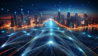 Fototapeta premium aerial view cityscape at night with skyline and connectivity link of light grid concept of connection