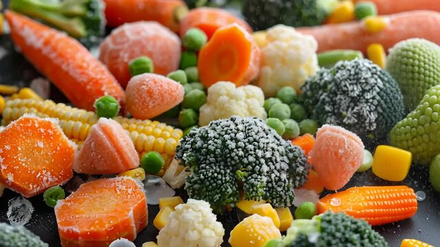 top view of frozen vegetables including carrots, peas, corn and broccoli, frozen food delivery concept, healthy eating, farm produce distribution