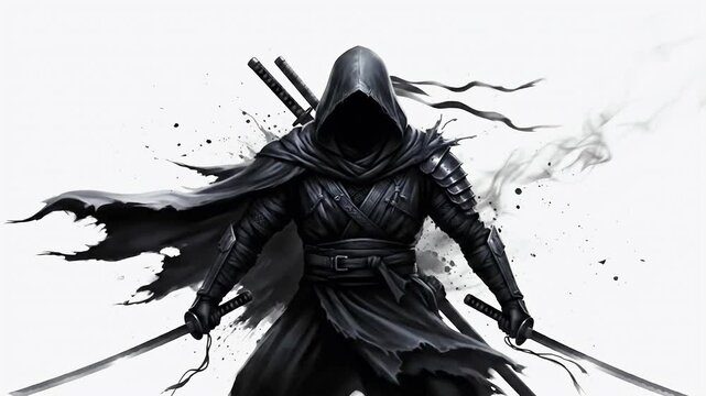 Hooded Warrior with Dual Swords: Dark Fantasy Character in Action Pose